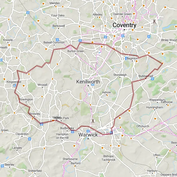 Map miniature of "The Royal Leamington Spa Gravel Adventure" cycling inspiration in West Midlands, United Kingdom. Generated by Tarmacs.app cycling route planner