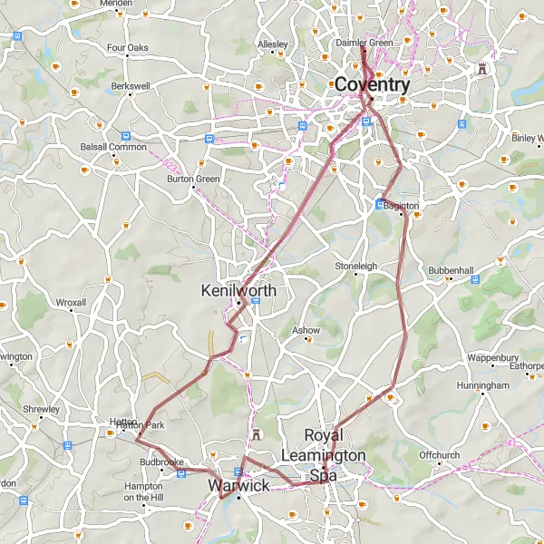 Map miniature of "The Warwickshire Gravel Adventure" cycling inspiration in West Midlands, United Kingdom. Generated by Tarmacs.app cycling route planner