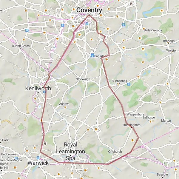 Map miniature of "Warwickshire Gravel Adventure" cycling inspiration in West Midlands, United Kingdom. Generated by Tarmacs.app cycling route planner