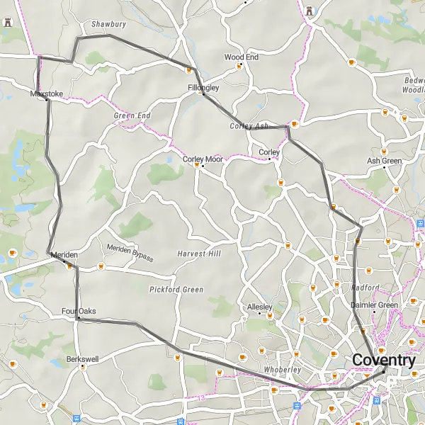 Map miniature of "The Rugby and Coventry Road Loop" cycling inspiration in West Midlands, United Kingdom. Generated by Tarmacs.app cycling route planner