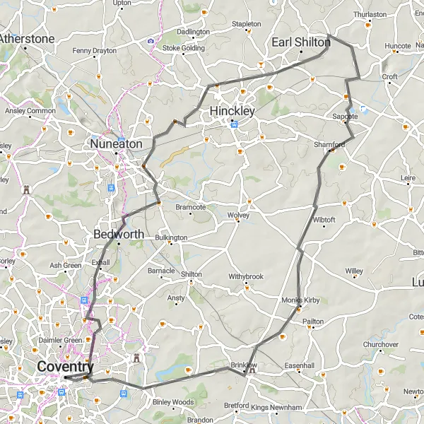 Map miniature of "The Warwickshire Road Adventure" cycling inspiration in West Midlands, United Kingdom. Generated by Tarmacs.app cycling route planner