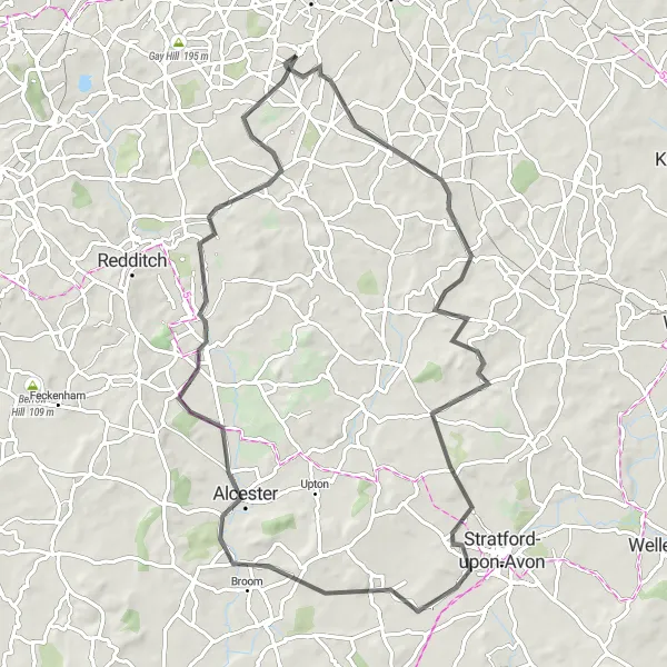 Map miniature of "Discover Warwickshire" cycling inspiration in West Midlands, United Kingdom. Generated by Tarmacs.app cycling route planner