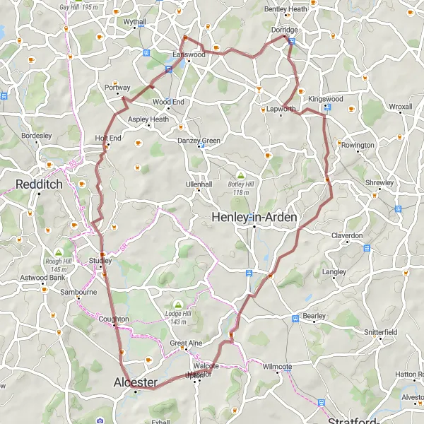 Map miniature of "The Preston Bagot Discovery" cycling inspiration in West Midlands, United Kingdom. Generated by Tarmacs.app cycling route planner