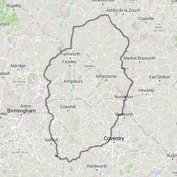 Map miniature of "The Heart of Warwickshire" cycling inspiration in West Midlands, United Kingdom. Generated by Tarmacs.app cycling route planner