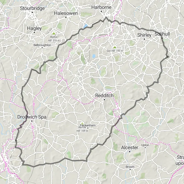 Map miniature of "The Worcestershire Twist" cycling inspiration in West Midlands, United Kingdom. Generated by Tarmacs.app cycling route planner