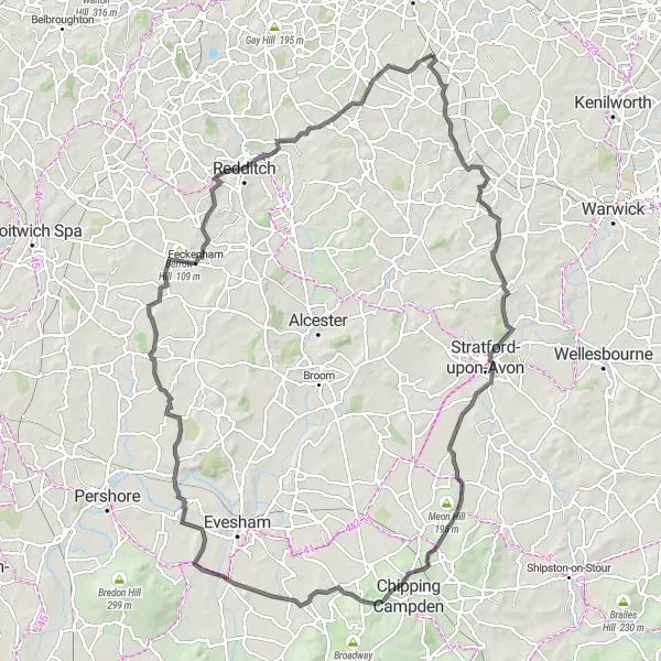 Map miniature of "The Lowsonford Loop" cycling inspiration in West Midlands, United Kingdom. Generated by Tarmacs.app cycling route planner