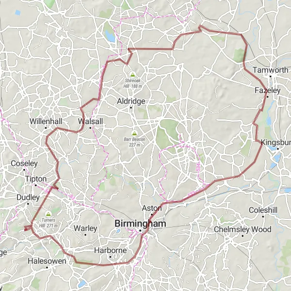 Map miniature of "Scenic Countryside Loop from Dudley" cycling inspiration in West Midlands, United Kingdom. Generated by Tarmacs.app cycling route planner