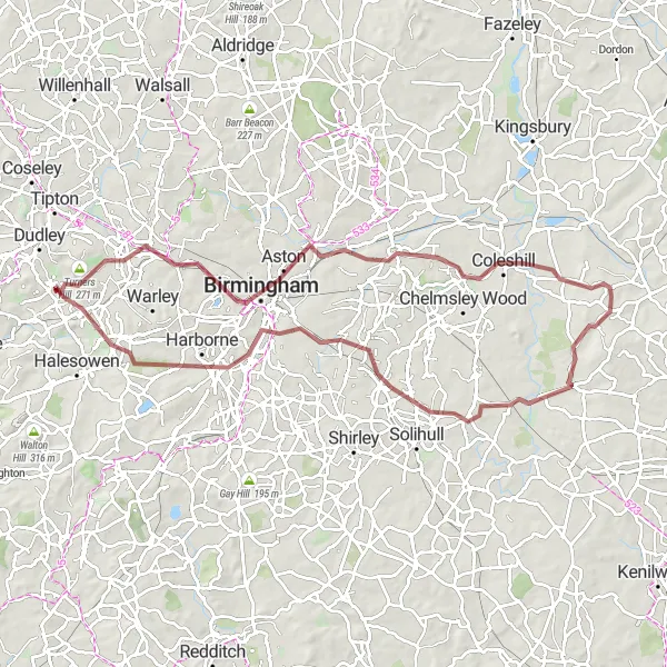 Map miniature of "The Gravel Hills of Dudley" cycling inspiration in West Midlands, United Kingdom. Generated by Tarmacs.app cycling route planner