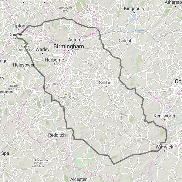 Map miniature of "The Warwickshire Excursion" cycling inspiration in West Midlands, United Kingdom. Generated by Tarmacs.app cycling route planner