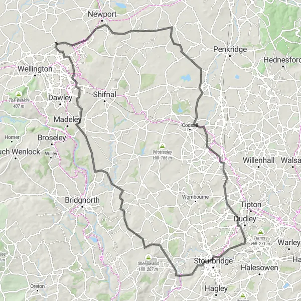 Map miniature of "Challenging Road Ride from Dudley" cycling inspiration in West Midlands, United Kingdom. Generated by Tarmacs.app cycling route planner