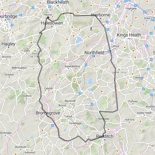 Map miniature of "Countryside Escape: Redditch and Bromsgrove" cycling inspiration in West Midlands, United Kingdom. Generated by Tarmacs.app cycling route planner