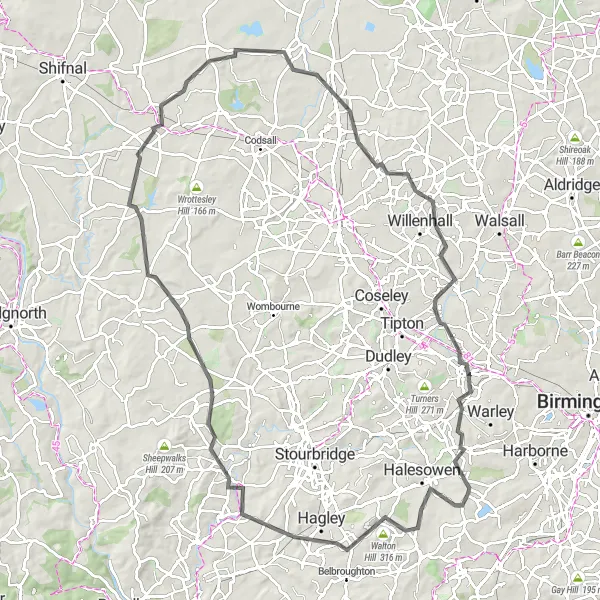 Map miniature of "Halesowen to Boscobel Circular Road Cycling Route" cycling inspiration in West Midlands, United Kingdom. Generated by Tarmacs.app cycling route planner