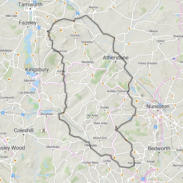 Map miniature of "Keresley to Polesworth Loop" cycling inspiration in West Midlands, United Kingdom. Generated by Tarmacs.app cycling route planner