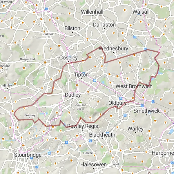 Map miniature of "Wolves and Bears" cycling inspiration in West Midlands, United Kingdom. Generated by Tarmacs.app cycling route planner