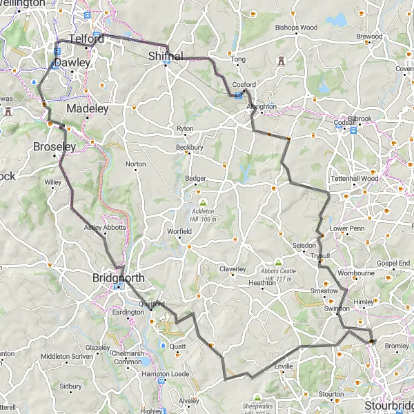 Map miniature of "Kingswinford to Wrottesley Hill Road Adventure" cycling inspiration in West Midlands, United Kingdom. Generated by Tarmacs.app cycling route planner