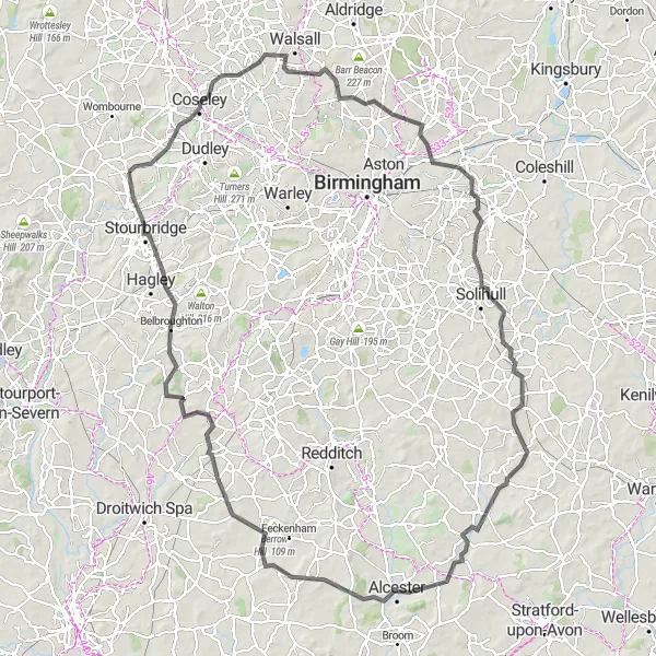 Map miniature of "Kingswinford to Alcester via Solihull" cycling inspiration in West Midlands, United Kingdom. Generated by Tarmacs.app cycling route planner