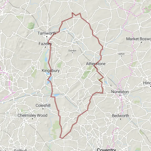 Map miniature of "Shustoke and Atherstone Gravel Adventure" cycling inspiration in West Midlands, United Kingdom. Generated by Tarmacs.app cycling route planner