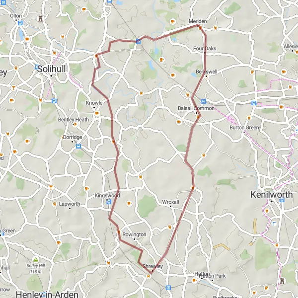 Map miniature of "The Berkswell Gravel Loop" cycling inspiration in West Midlands, United Kingdom. Generated by Tarmacs.app cycling route planner