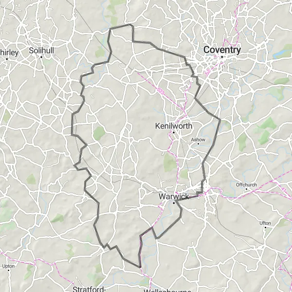 Map miniature of "Warwick to Barston Road Cycling Adventure" cycling inspiration in West Midlands, United Kingdom. Generated by Tarmacs.app cycling route planner