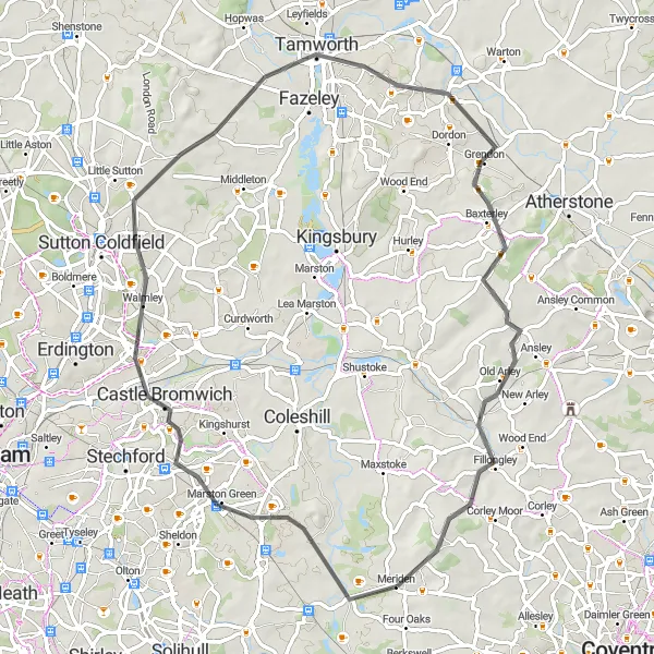 Map miniature of "Marston Green to Fillongley Loop" cycling inspiration in West Midlands, United Kingdom. Generated by Tarmacs.app cycling route planner