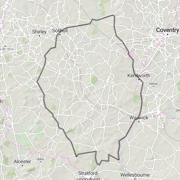 Map miniature of "Kenilworth and Warwick Road Cycling Paradise" cycling inspiration in West Midlands, United Kingdom. Generated by Tarmacs.app cycling route planner