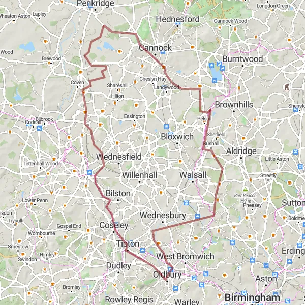 Map miniature of "Tipton Gravel Adventure" cycling inspiration in West Midlands, United Kingdom. Generated by Tarmacs.app cycling route planner