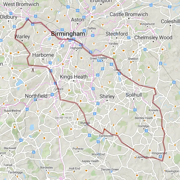 Map miniature of "Birmingham Gravel Adventure" cycling inspiration in West Midlands, United Kingdom. Generated by Tarmacs.app cycling route planner