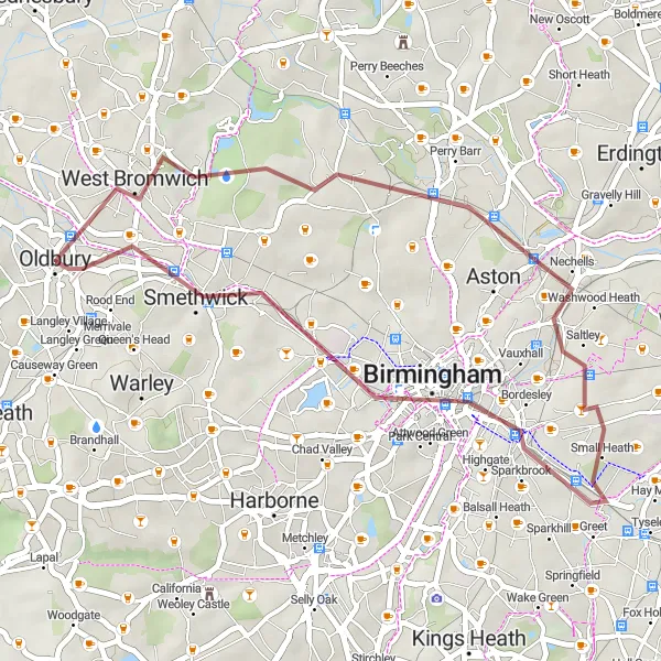 Map miniature of "Oldbury to Smethwick and West Bromwich Gravel Route" cycling inspiration in West Midlands, United Kingdom. Generated by Tarmacs.app cycling route planner