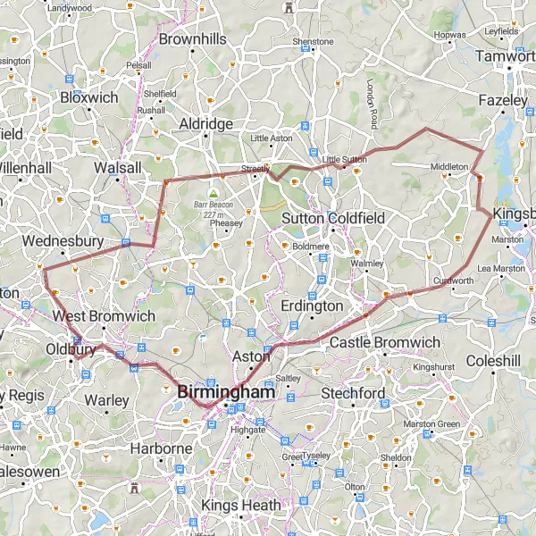 Map miniature of "Oldbury Countryside Gravel Loop" cycling inspiration in West Midlands, United Kingdom. Generated by Tarmacs.app cycling route planner