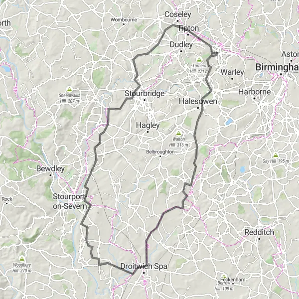 Map miniature of "Portway Hill Loop" cycling inspiration in West Midlands, United Kingdom. Generated by Tarmacs.app cycling route planner