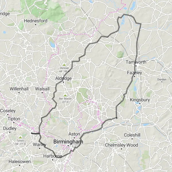 Map miniature of "Oldbury to West Bromwich and Tamworth Road Ride" cycling inspiration in West Midlands, United Kingdom. Generated by Tarmacs.app cycling route planner