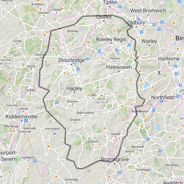 Map miniature of "Oldbury to Dudley and Kingswinford Road Adventure" cycling inspiration in West Midlands, United Kingdom. Generated by Tarmacs.app cycling route planner