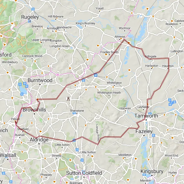 Map miniature of "Gravel Discovery near Pelsall" cycling inspiration in West Midlands, United Kingdom. Generated by Tarmacs.app cycling route planner