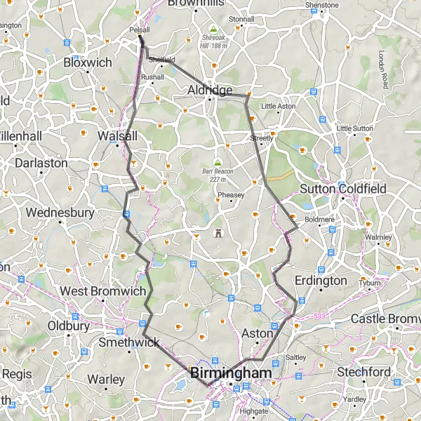 Map miniature of "Pelsall to Birmingham Loop" cycling inspiration in West Midlands, United Kingdom. Generated by Tarmacs.app cycling route planner