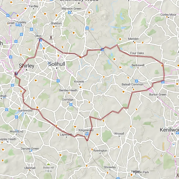 Map miniature of "Scenic Gravel Ride to Lapworth" cycling inspiration in West Midlands, United Kingdom. Generated by Tarmacs.app cycling route planner