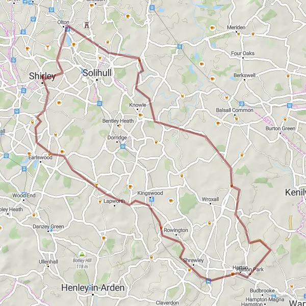 Map miniature of "Hidden Gems of Hatton" cycling inspiration in West Midlands, United Kingdom. Generated by Tarmacs.app cycling route planner