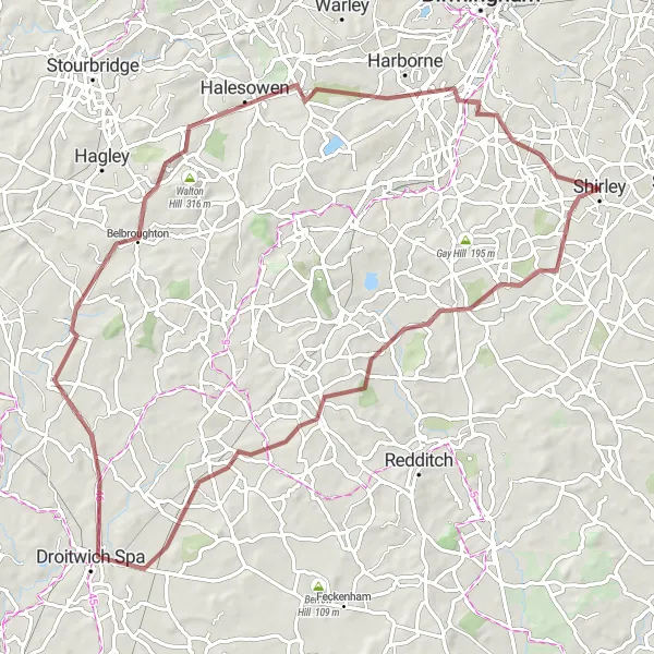 Map miniature of "Gravel Delights of Worcestershire" cycling inspiration in West Midlands, United Kingdom. Generated by Tarmacs.app cycling route planner