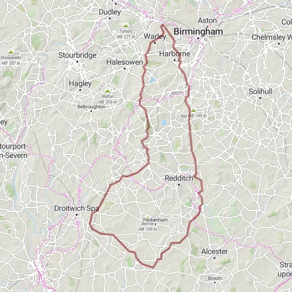 Map miniature of "Road and Gravel Tour" cycling inspiration in West Midlands, United Kingdom. Generated by Tarmacs.app cycling route planner