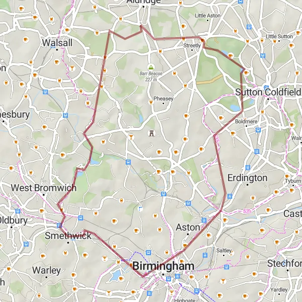 Map miniature of "Gravel Delight Around Birmingham" cycling inspiration in West Midlands, United Kingdom. Generated by Tarmacs.app cycling route planner