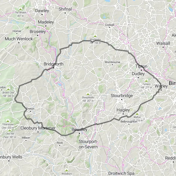 Map miniature of "Challenging Road Expedition" cycling inspiration in West Midlands, United Kingdom. Generated by Tarmacs.app cycling route planner