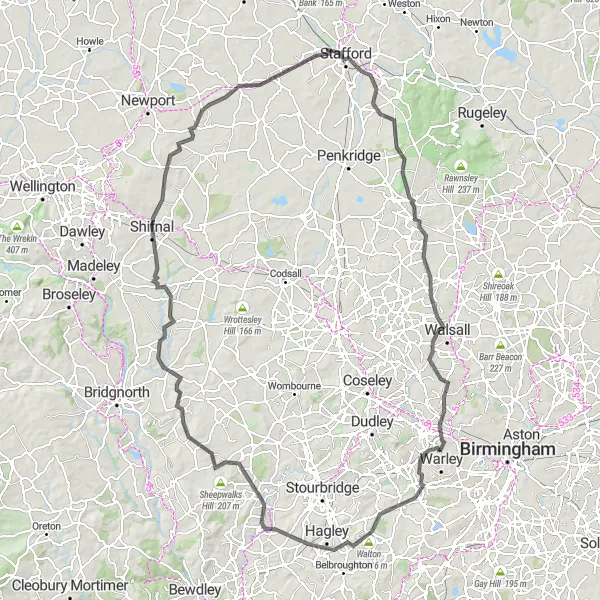 Map miniature of "Challenging Hills in Worcestershire" cycling inspiration in West Midlands, United Kingdom. Generated by Tarmacs.app cycling route planner