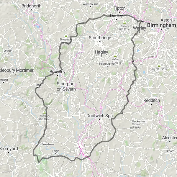 Map miniature of "Road Adventure through Worcestershire and Staffordshire" cycling inspiration in West Midlands, United Kingdom. Generated by Tarmacs.app cycling route planner