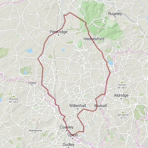 Map miniature of "Wolverhampton, Brewood, Badgers Hill, Pit Mound, and Darlaston Gravel Route" cycling inspiration in West Midlands, United Kingdom. Generated by Tarmacs.app cycling route planner