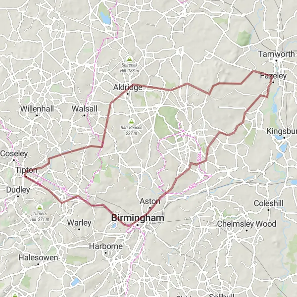 Map miniature of "Wednesbury, Aldridge, Fazeley, The Lookout, Erdington Reservoir, Birmingham, Old Bury Hill, and Tipton Gravel Route" cycling inspiration in West Midlands, United Kingdom. Generated by Tarmacs.app cycling route planner