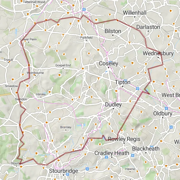 Map miniature of "Historic Route through Wednesbury and Surrounding Areas" cycling inspiration in West Midlands, United Kingdom. Generated by Tarmacs.app cycling route planner