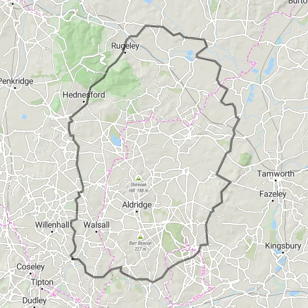 Map miniature of "Road Route: Wednesbury to Rugeley" cycling inspiration in West Midlands, United Kingdom. Generated by Tarmacs.app cycling route planner