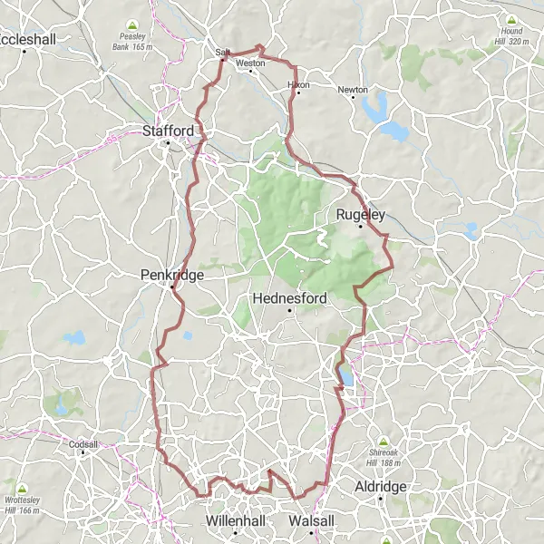 Map miniature of "Wednesfield to Pelsall Loop" cycling inspiration in West Midlands, United Kingdom. Generated by Tarmacs.app cycling route planner
