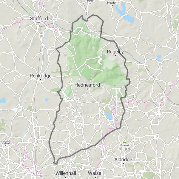 Map miniature of "The Countryside Delight" cycling inspiration in West Midlands, United Kingdom. Generated by Tarmacs.app cycling route planner