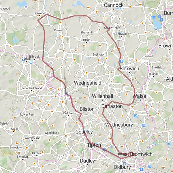 Map miniature of "The Gravel Adventure" cycling inspiration in West Midlands, United Kingdom. Generated by Tarmacs.app cycling route planner