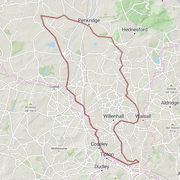 Map miniature of "Chasing Hills and Panoramas Gravel Adventure" cycling inspiration in West Midlands, United Kingdom. Generated by Tarmacs.app cycling route planner